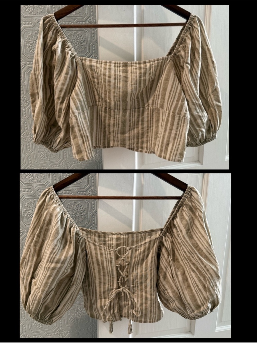 Shore - Lace-Up Back, Linen Blend, Puff Sleeve Crop Top